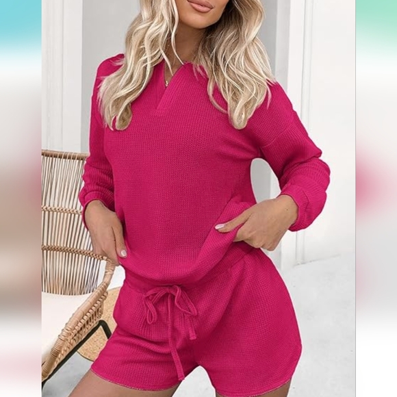 ekouaer Tops - COPY - Ekouaer Womens Waffle Knit Lounge Set Long Sleeve Top and Shorts 2 Piece…